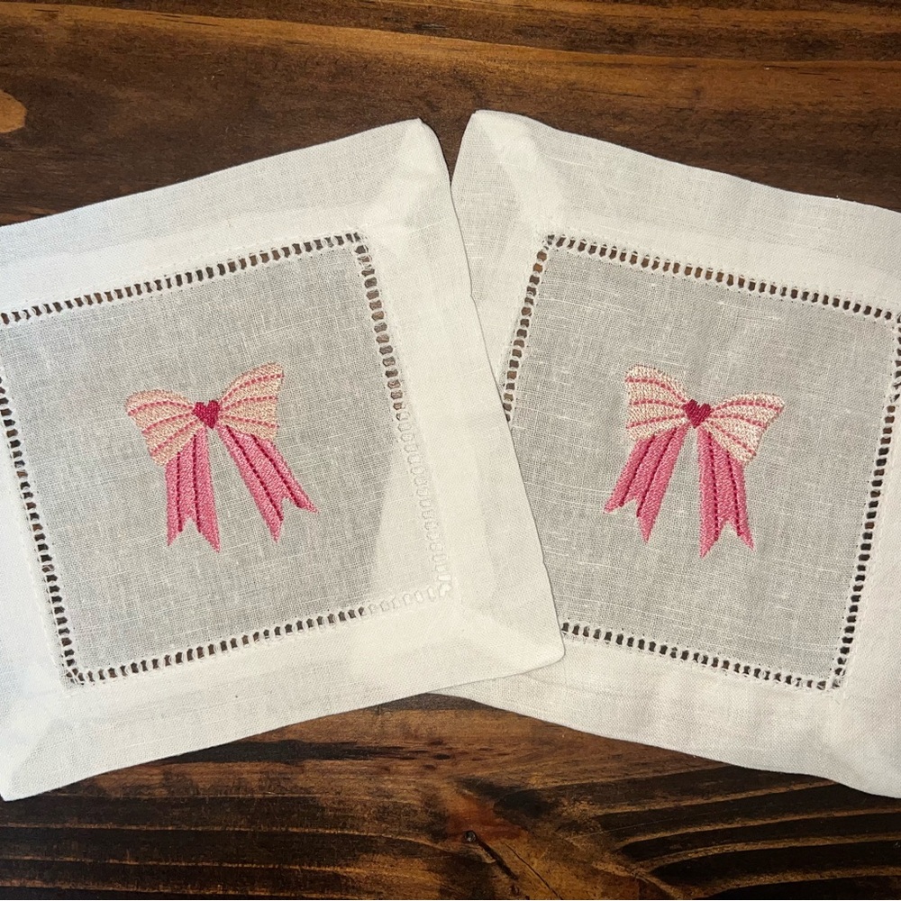 Pink Bow Embroidered Cotton/Linen Coasters (2)
